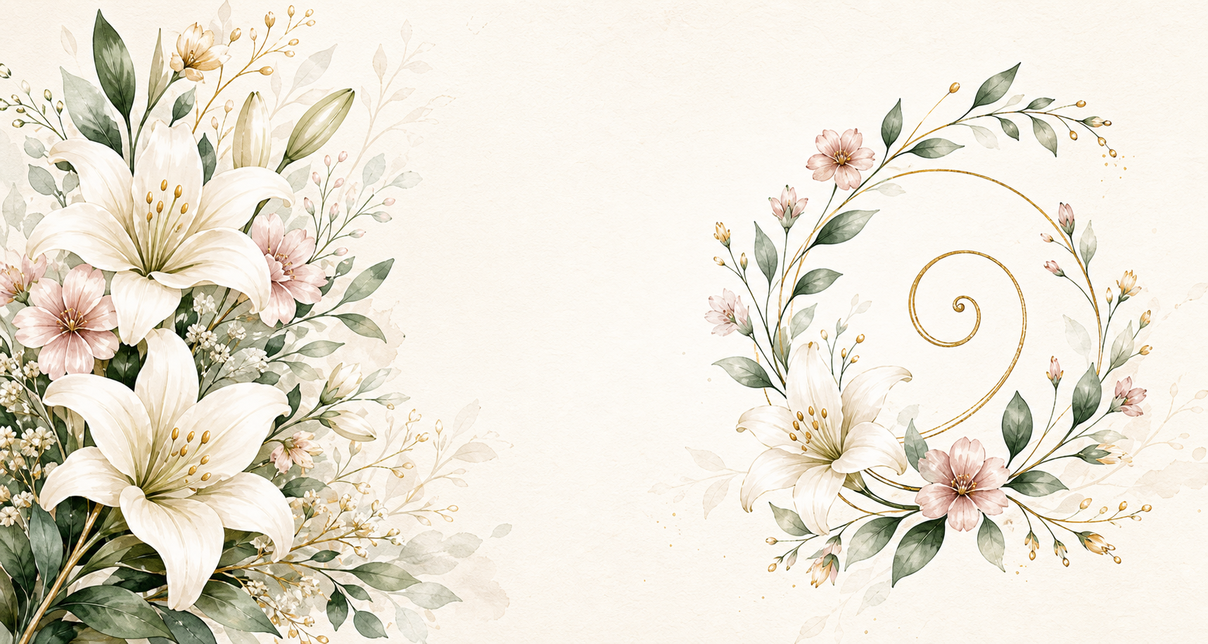 Ilustração floral em aquarela com lírios e folhagens